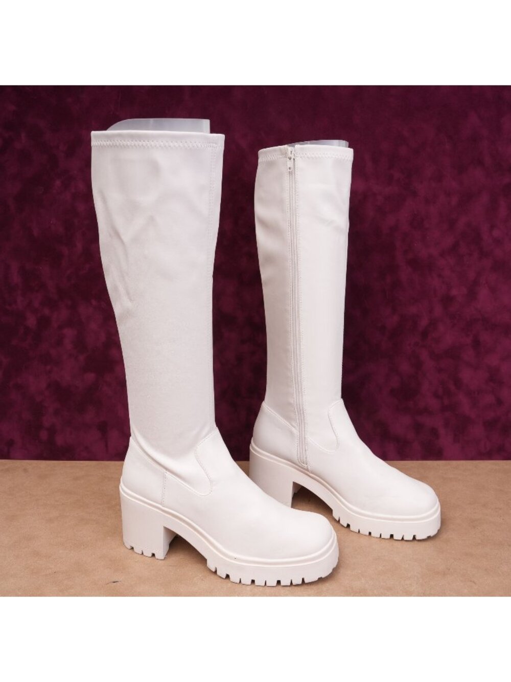 Steve Madden Women Lalo Whtie Vegan Elastic Leather Platform Festival Boots sz 8